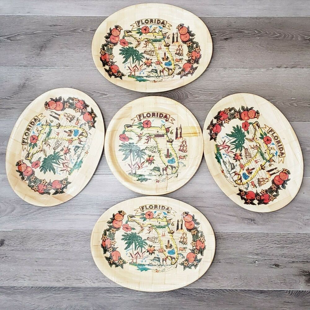 Vtg Woven Bamboo Serving Trays Florida Souvenir Surfer Palm Trees Tiki Bar